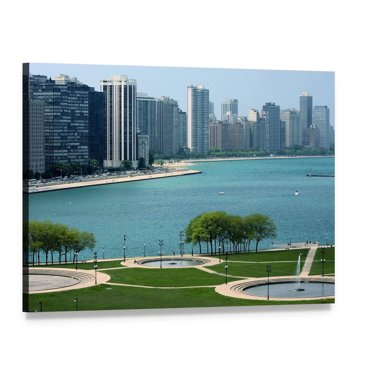 Chicago Cityscape with Lake Canvas Wall Art, single panel gallery wrapped canvas, angled product view