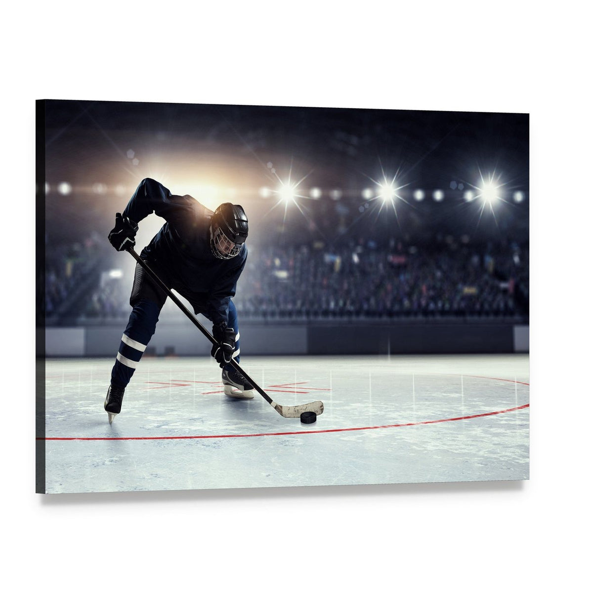 Dynamic Hockey Player on Ice Rink Canvas Wall Art, single panel gallery wrapped canvas, angled product view