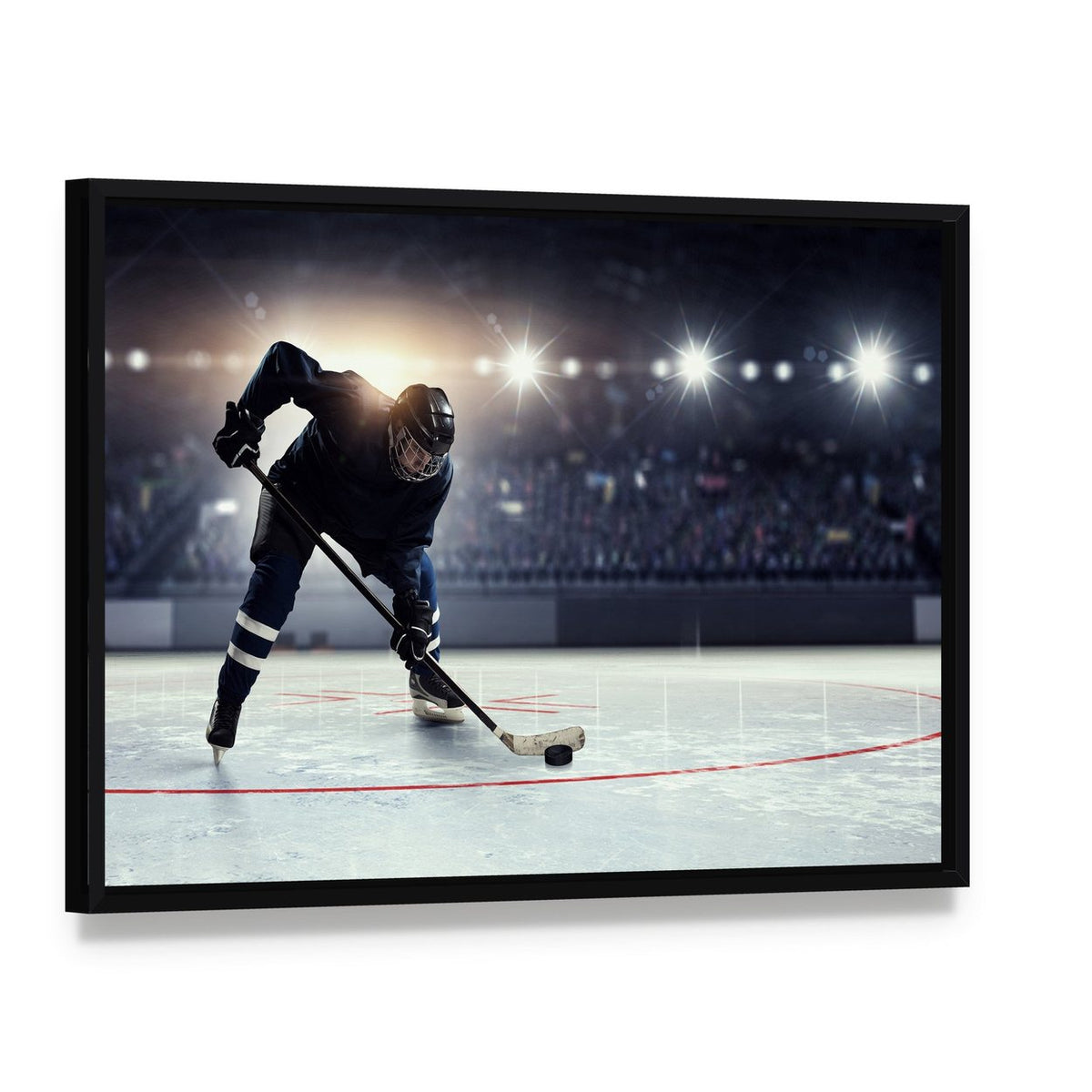 Dynamic Hockey Player on Ice Rink Canvas Wall Art, framed canvas in a black floater frame, angled product view