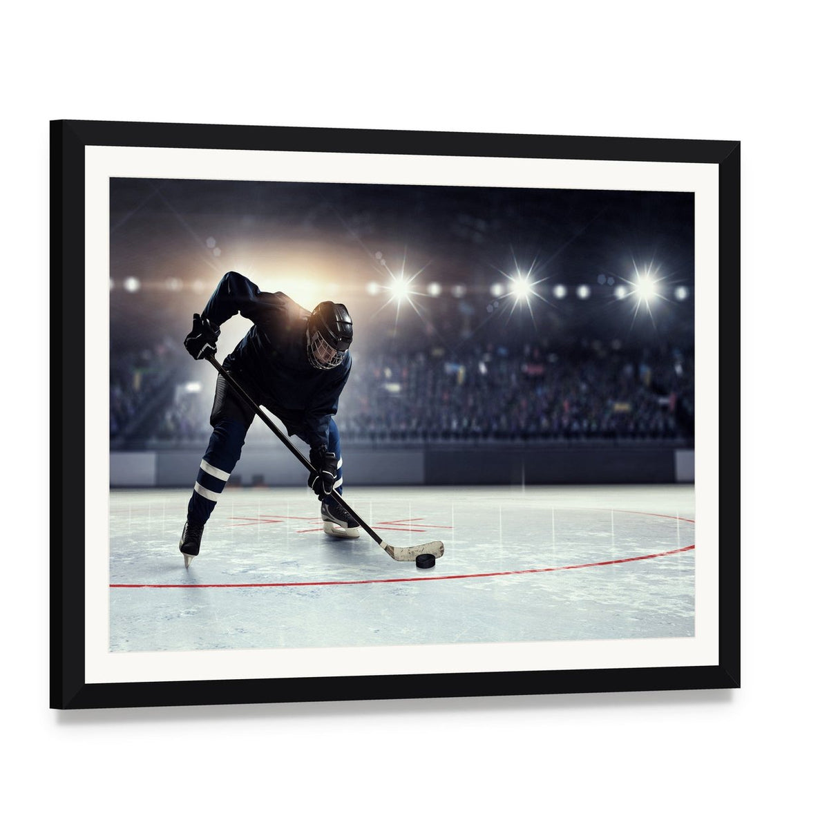 Dynamic Hockey Player on Ice Rink Canvas Wall Art, framed print with white mat and black frame, angled product view