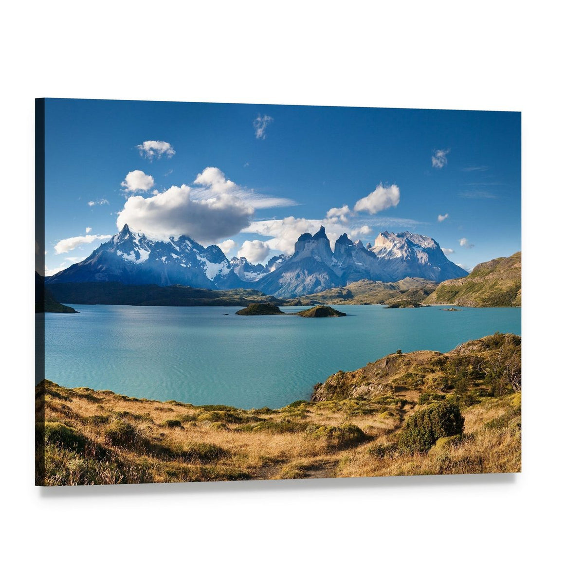 Torres Del Paine Snow-capped Peaks and Turquoise Lake Canvas Wall Art, single panel gallery wrapped canvas, angled product view