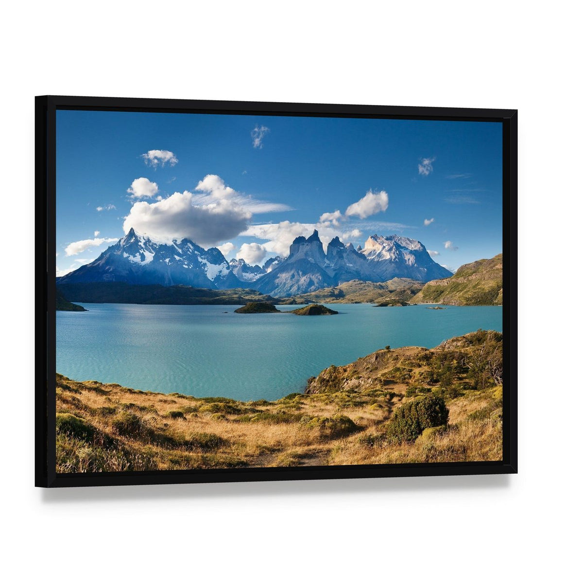 Torres Del Paine Snow-capped Peaks and Turquoise Lake Canvas Wall Art, framed canvas in a black floater frame, angled product view