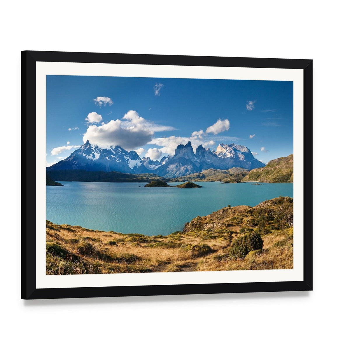 Torres Del Paine Snow-capped Peaks and Turquoise Lake Canvas Wall Art, framed print with white mat and black frame, angled product view