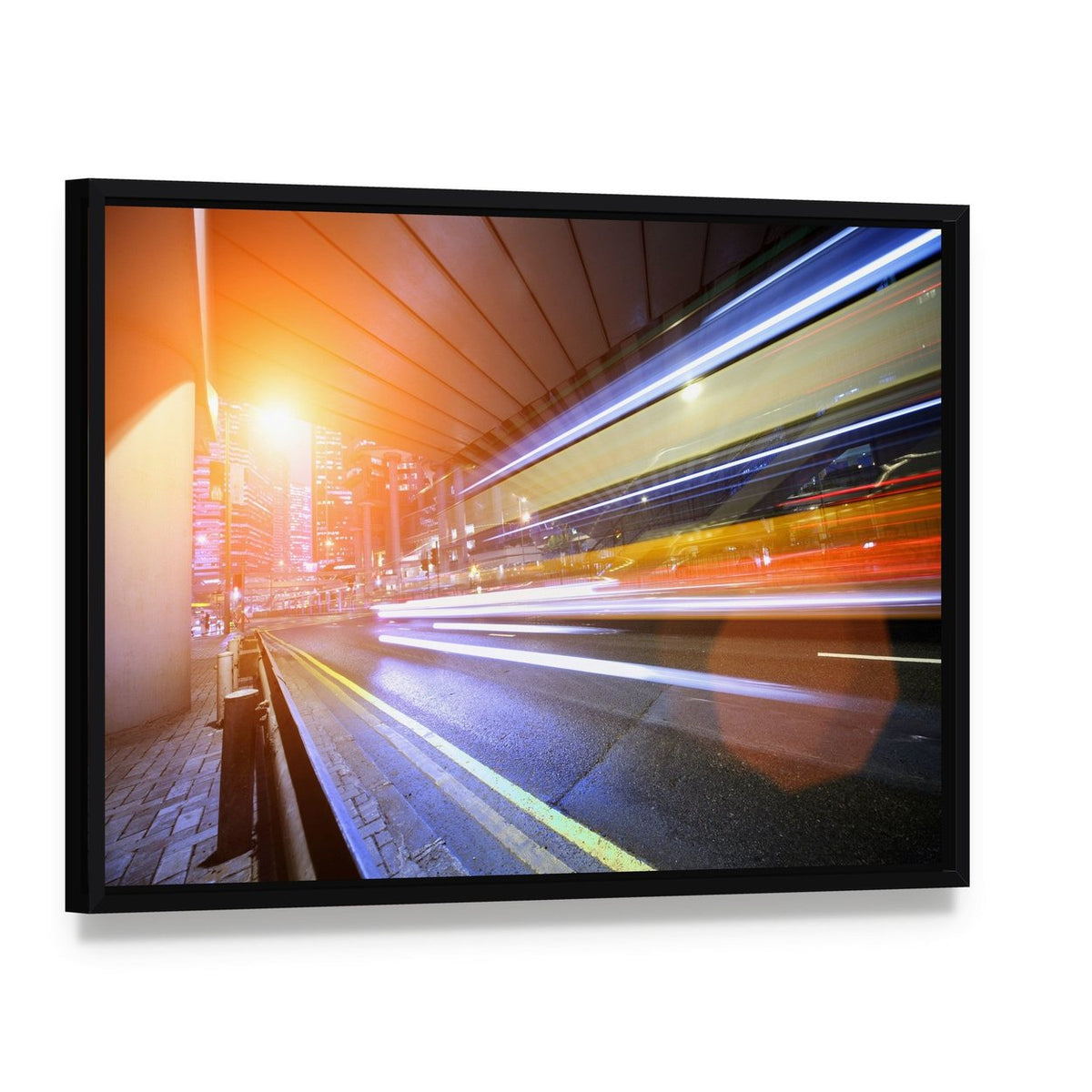 Fast Moving Train at Night Canvas Wall Art, framed canvas in a black floater frame, angled product view