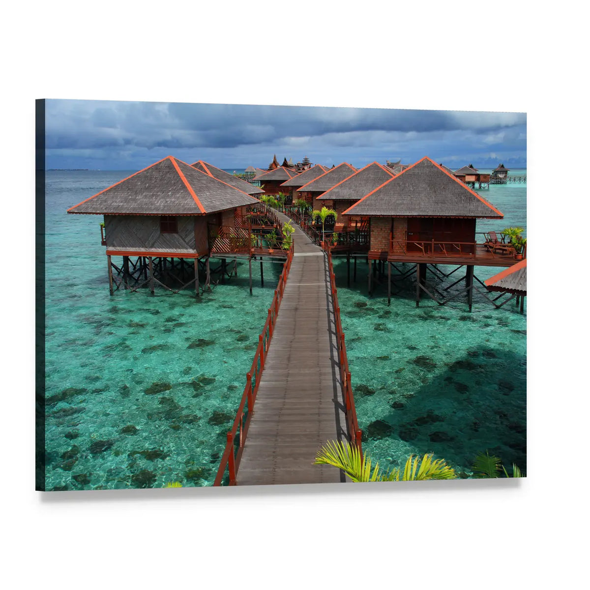 Mabul Island Overwater Bungalows Canvas Wall Art, single panel gallery wrapped canvas, angled product view