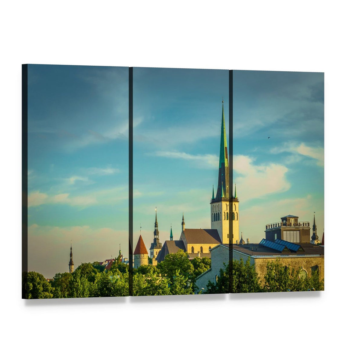 Tallinn Old Town Cityscape Canvas Wall Art, 3 panel 3 Horizontal layout gallery wrapped canvas set, angled product view