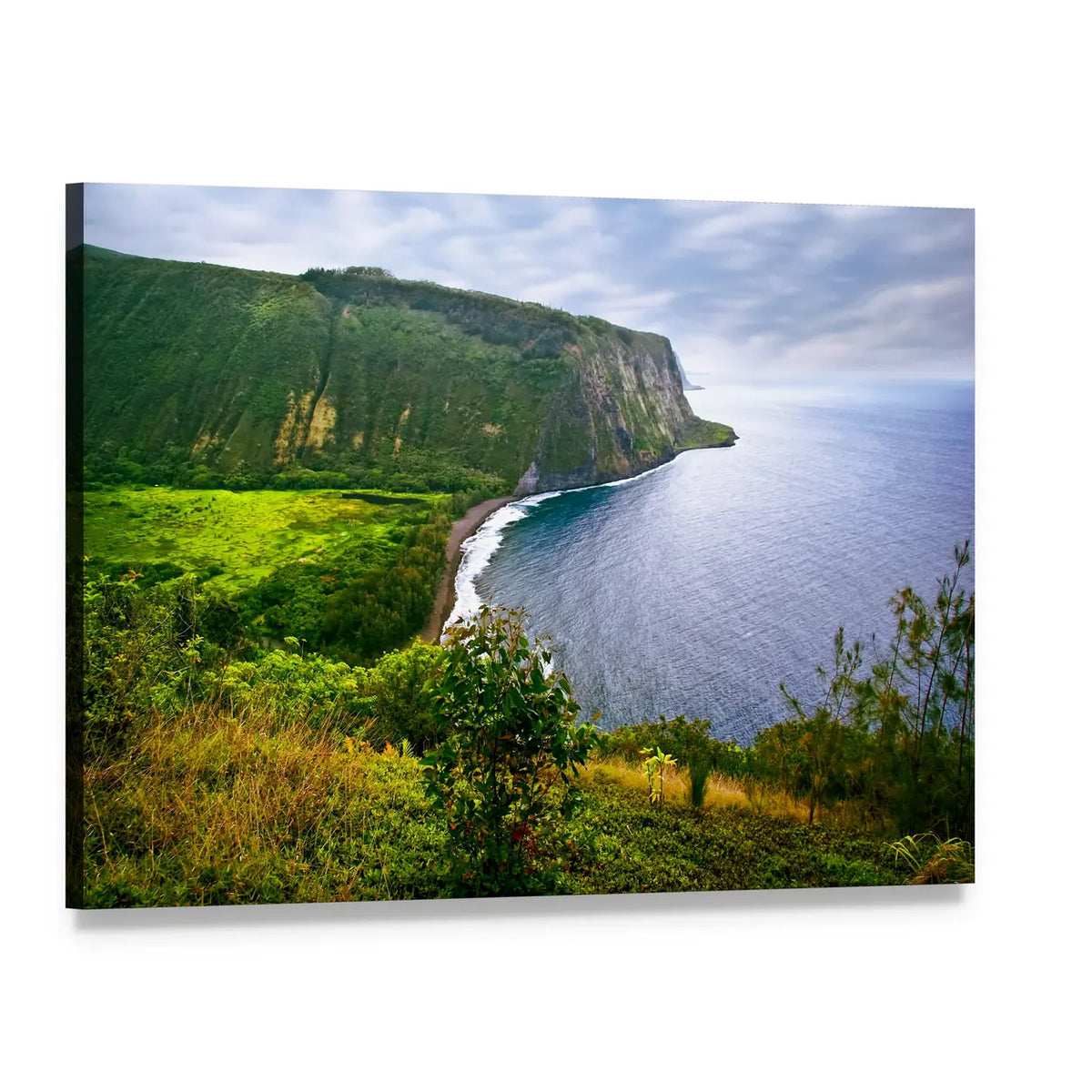Verdant Cliffs Over Tropical Ocean Canvas Wall Art, single panel gallery wrapped canvas, angled product view