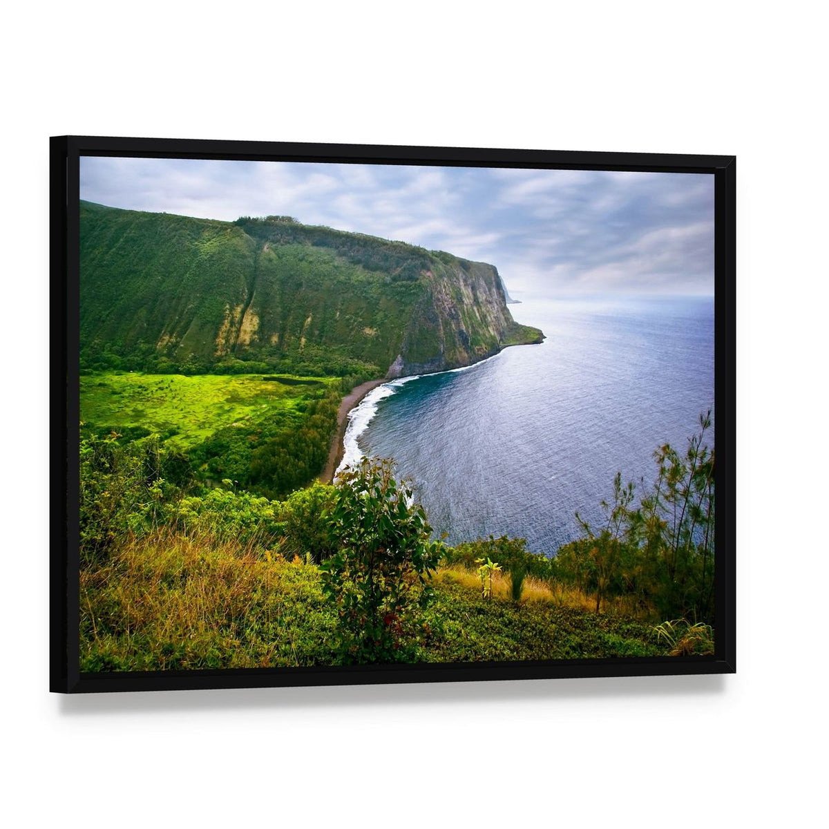 Ocean Cliffside on a Green Island Canvas Wall Art, framed canvas in a black floater frame, angled product view
