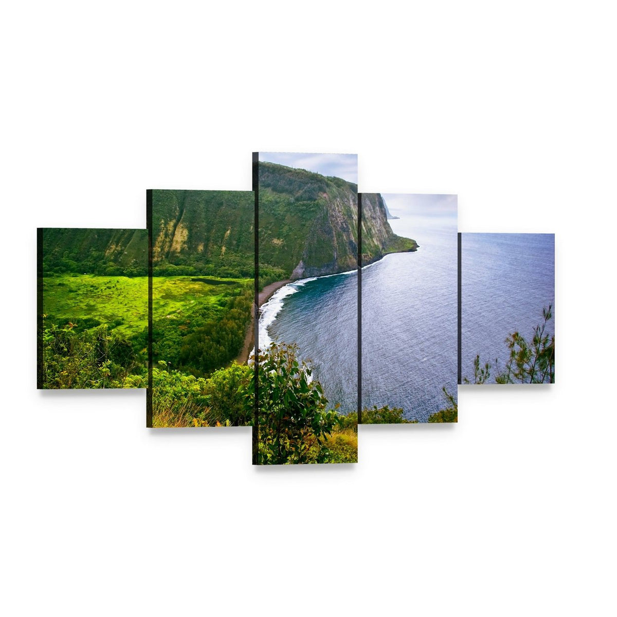 Ocean Cliffside on a Green Island Canvas Wall Art, 5 panel 5 Star layout gallery wrapped canvas set, angled product view