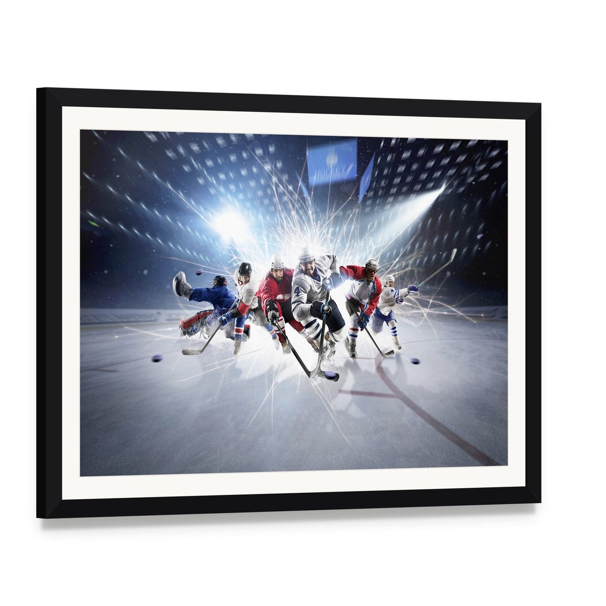 Dynamic Hockey Players in Action Canvas Wall Art, framed print with white mat and black frame, angled product view
