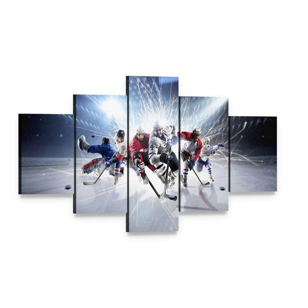 Dynamic Hockey Players in Action Canvas Wall Art, 5 panel 5 Star layout gallery wrapped canvas set, angled product view