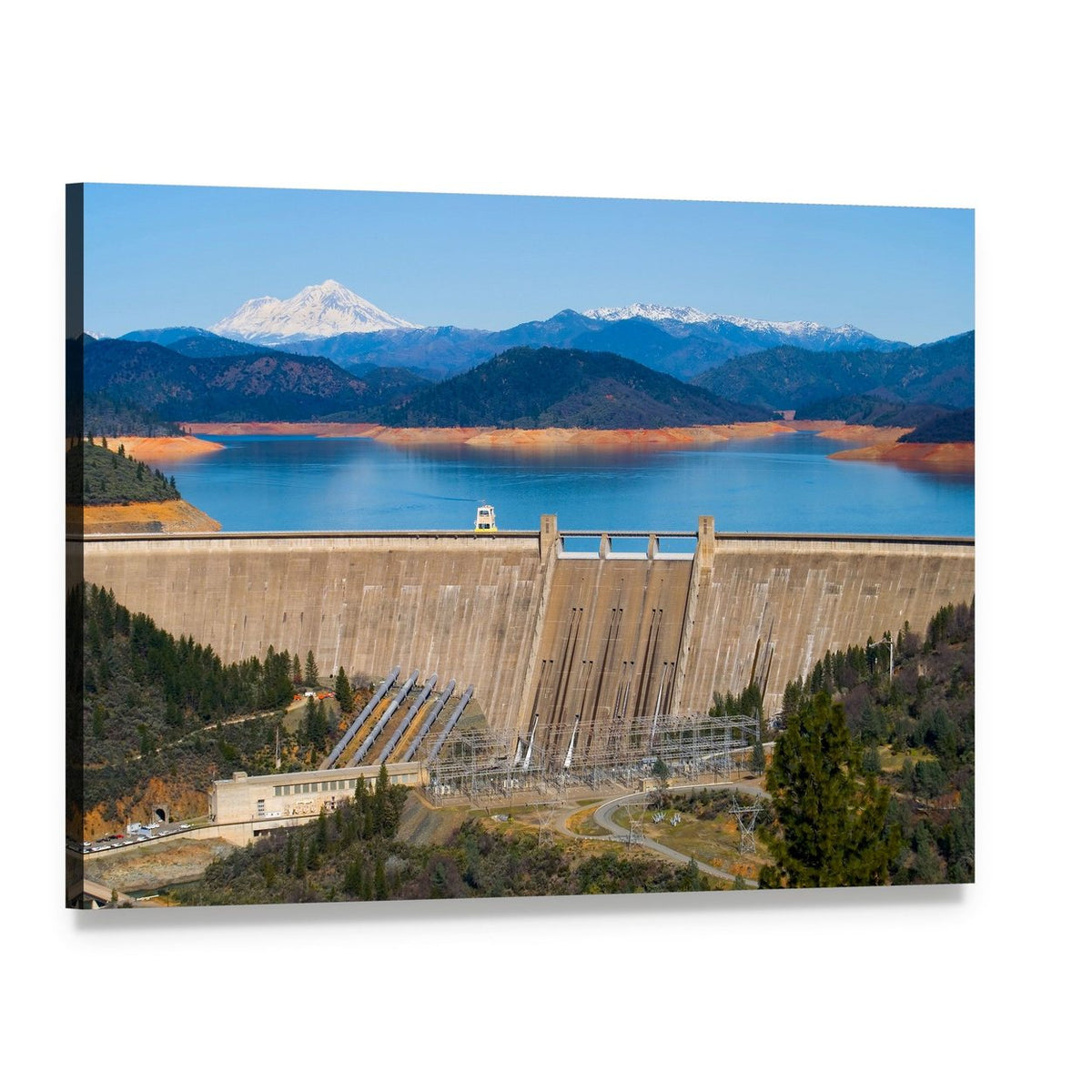 Shasta Dam Over Lake and Mountains Canvas Wall Art, single panel gallery wrapped canvas, angled product view