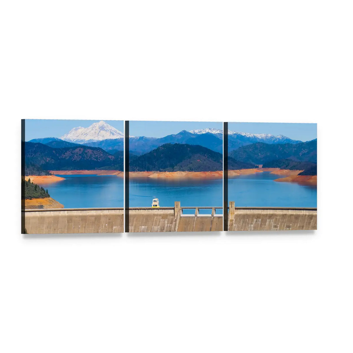 Dam Spillway Under Snow-capped Peak Panoramic Canvas Wall Art, 3 panel 3 Piece layout gallery wrapped canvas set, angled product view