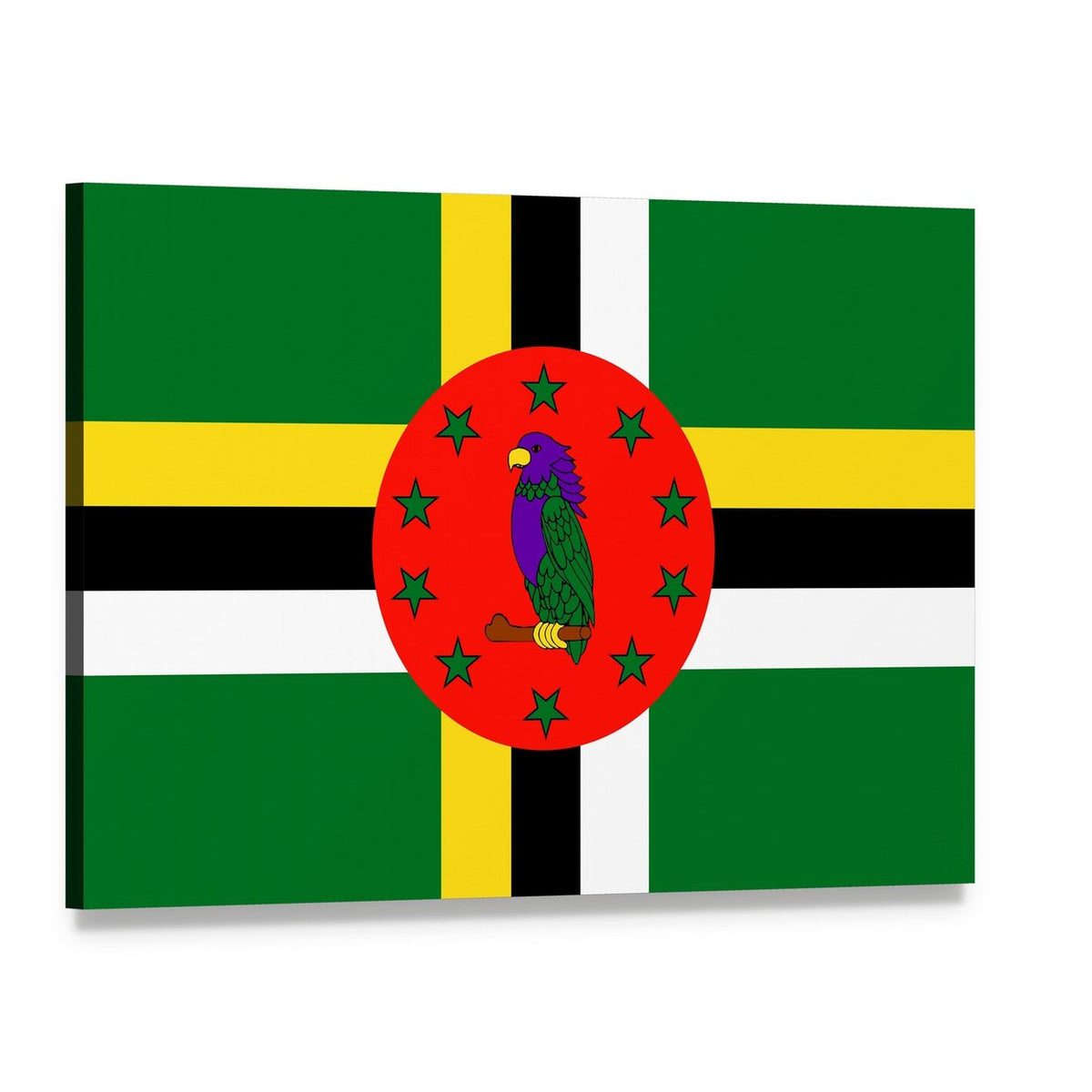 Dominica Flag with Sisserou Parrot Canvas Wall Art, single panel gallery wrapped canvas, angled product view