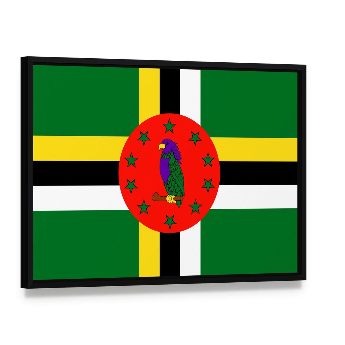 Dominica Flag with Sisserou Parrot Canvas Wall Art, framed canvas in a black floater frame, angled product view