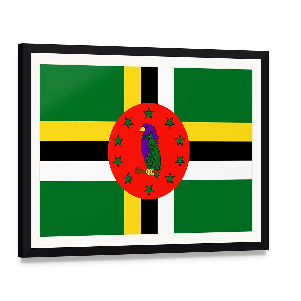 Dominica Flag with Sisserou Parrot Canvas Wall Art, framed print with white mat and black frame, angled product view