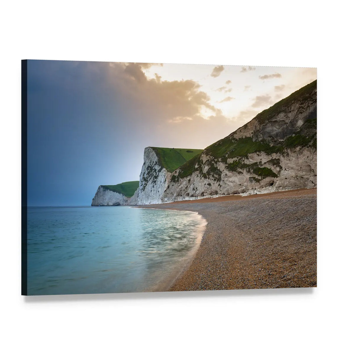 Jurassic Coast Pebble Beach and White Cliffs Canvas Wall Art, single panel gallery wrapped canvas, angled product view