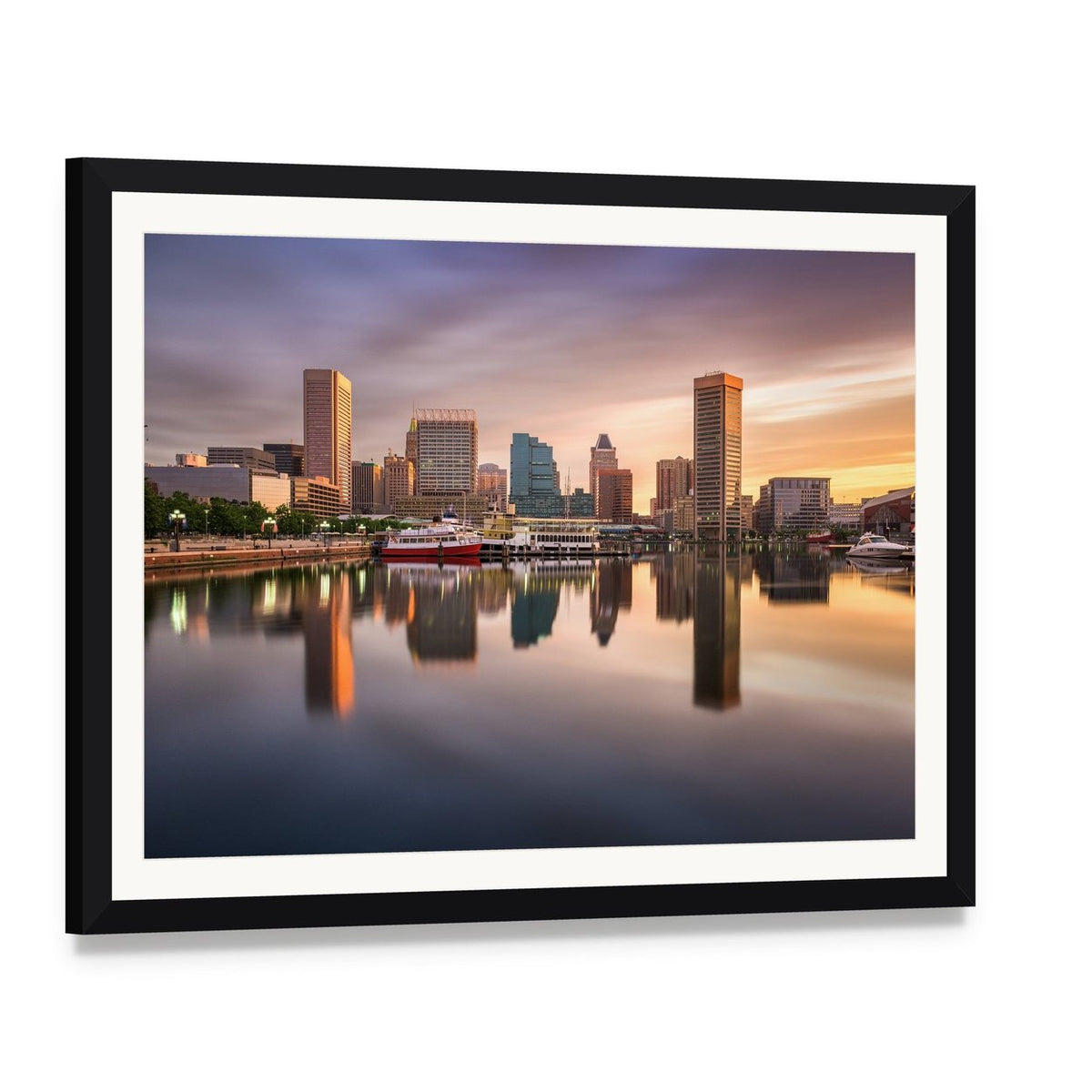 Usa Skyline at the Inner Harbor Canvas Wall Art, framed print with white mat and black frame, angled product view