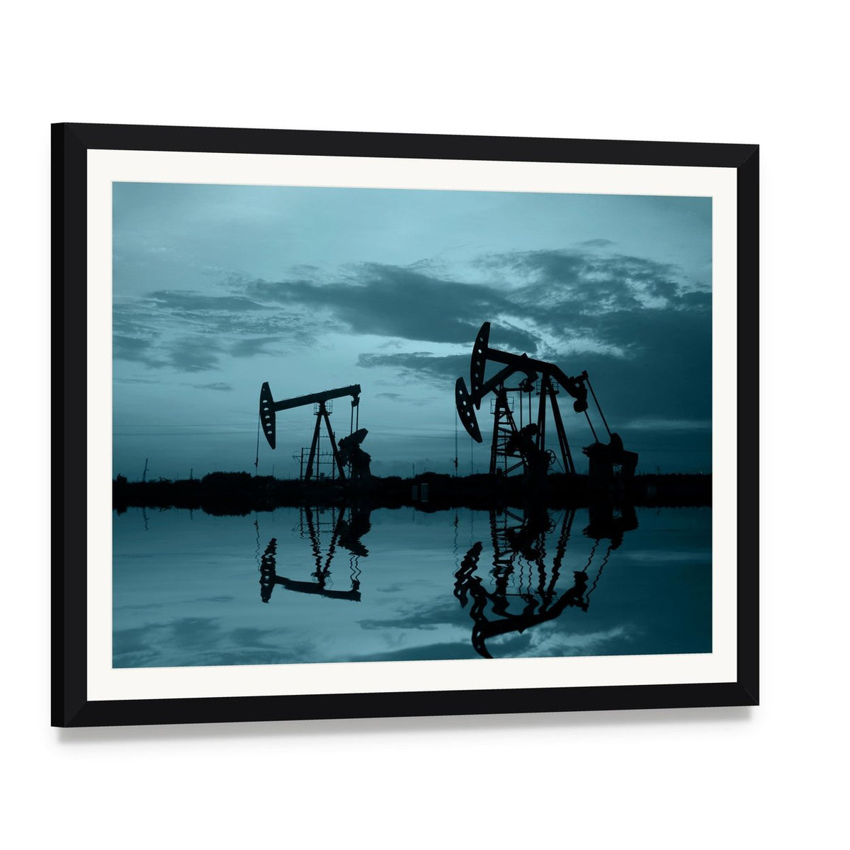 Silhouetted Oil Pumpjacks at Dusk with Reflections Canvas Wall Art, framed print with white mat and black frame, angled product view
