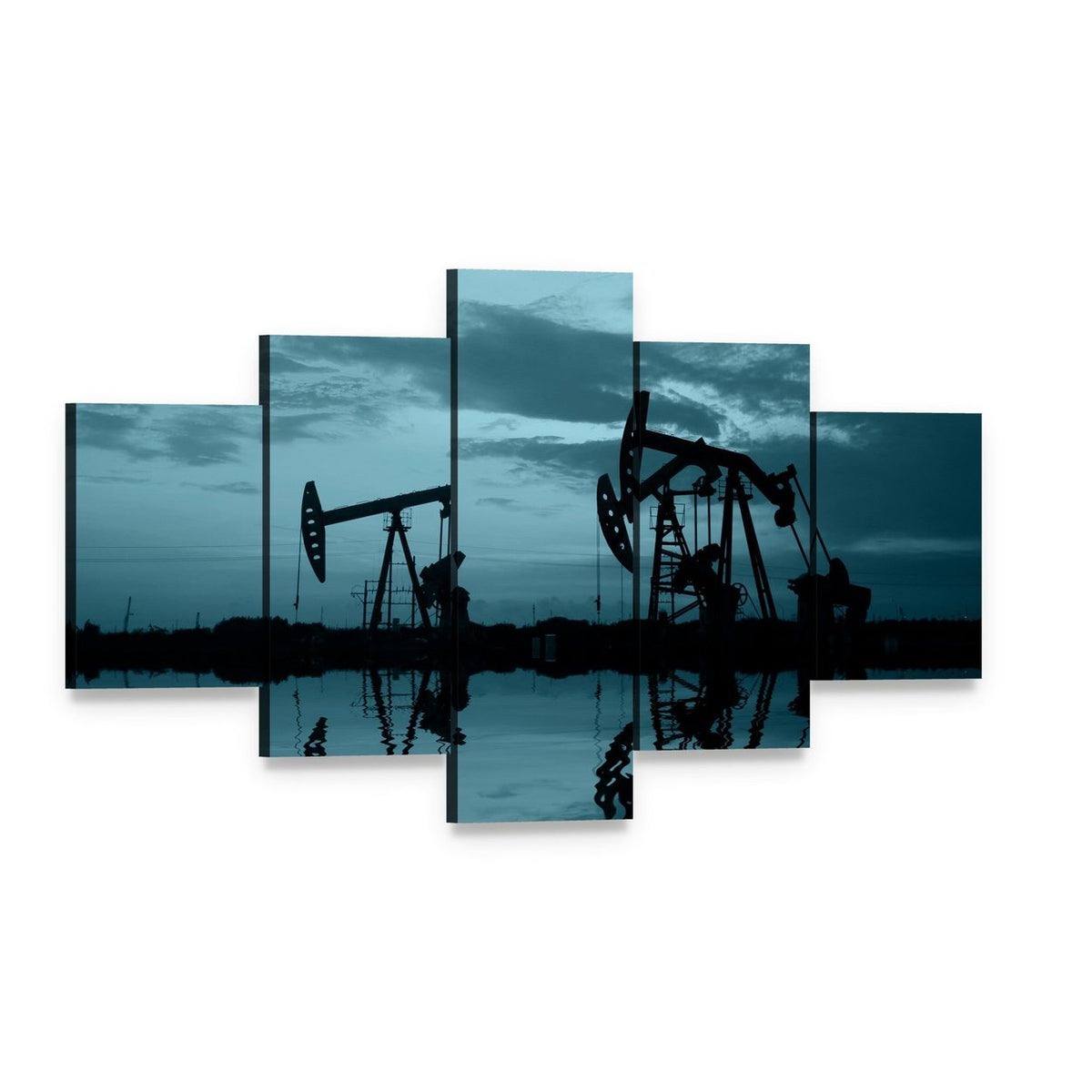 Silhouetted Oil Pumpjacks at Dusk with Reflections Canvas Wall Art, 5 panel 5 Star layout gallery wrapped canvas set, angled product view