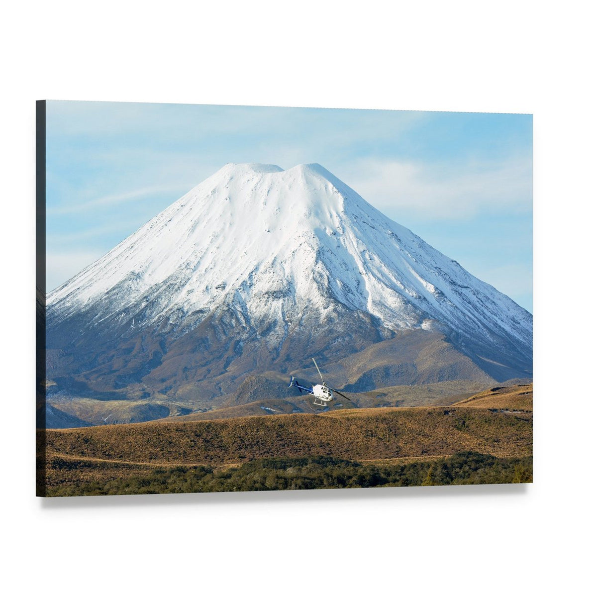 Helicopter Near Snow-capped Mountain Canvas Wall Art, single panel gallery wrapped canvas, angled product view