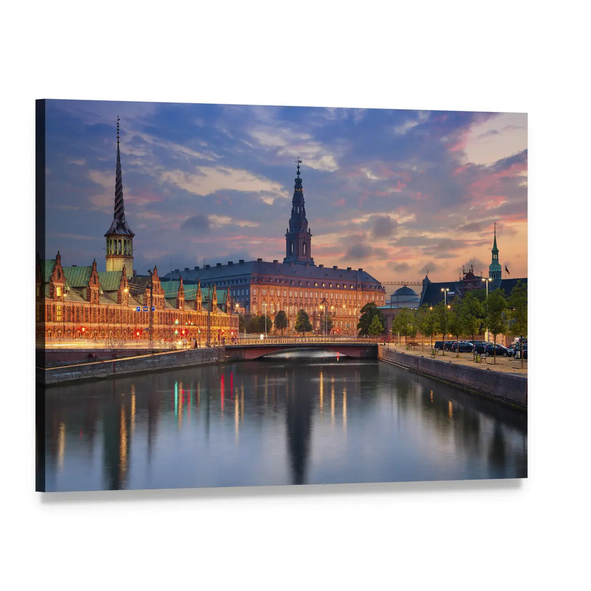 Copenhagen at Twilight Canvas Wall Art, single panel gallery wrapped canvas, angled product view