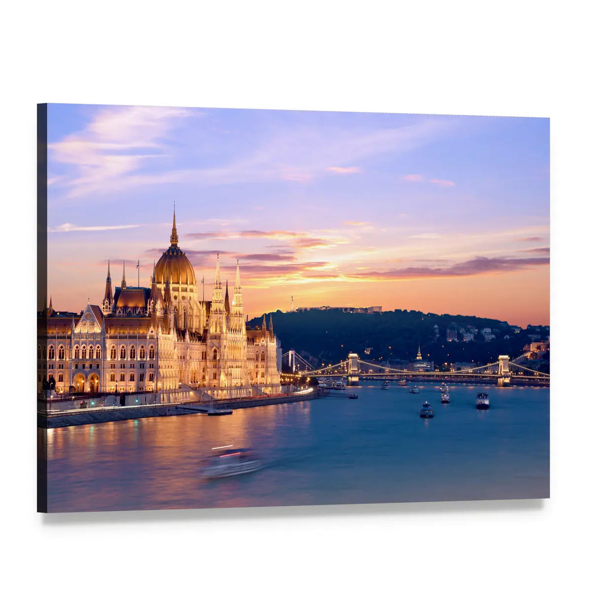Parliament and Danube River at Sunset Canvas Wall Art, single panel gallery wrapped canvas, angled product view