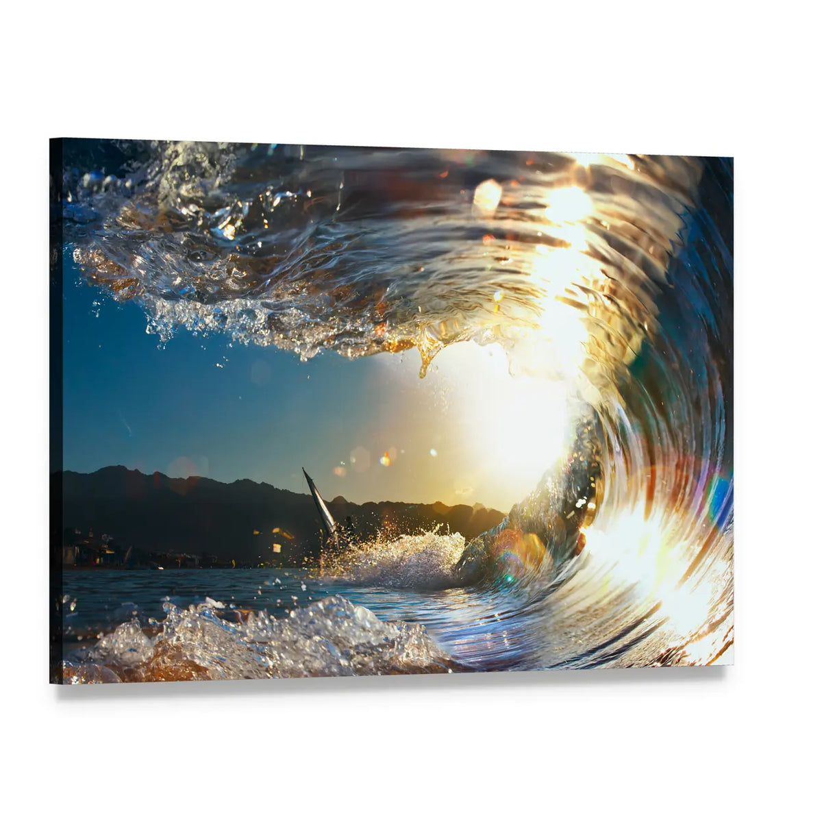 Curly Breaking Wave with Surfer Canvas Wall Art, single panel gallery wrapped canvas, angled product view