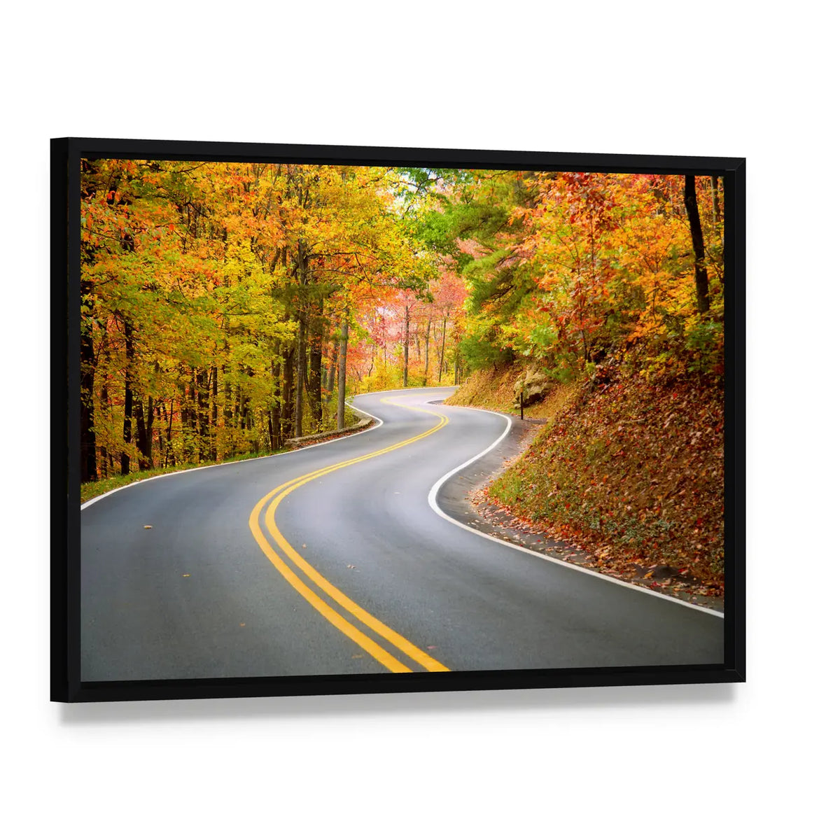 Winding Road Through Fall Forest In Appalachian Mountains Canvas Wall Art, framed canvas in a black floater frame, angled product view
