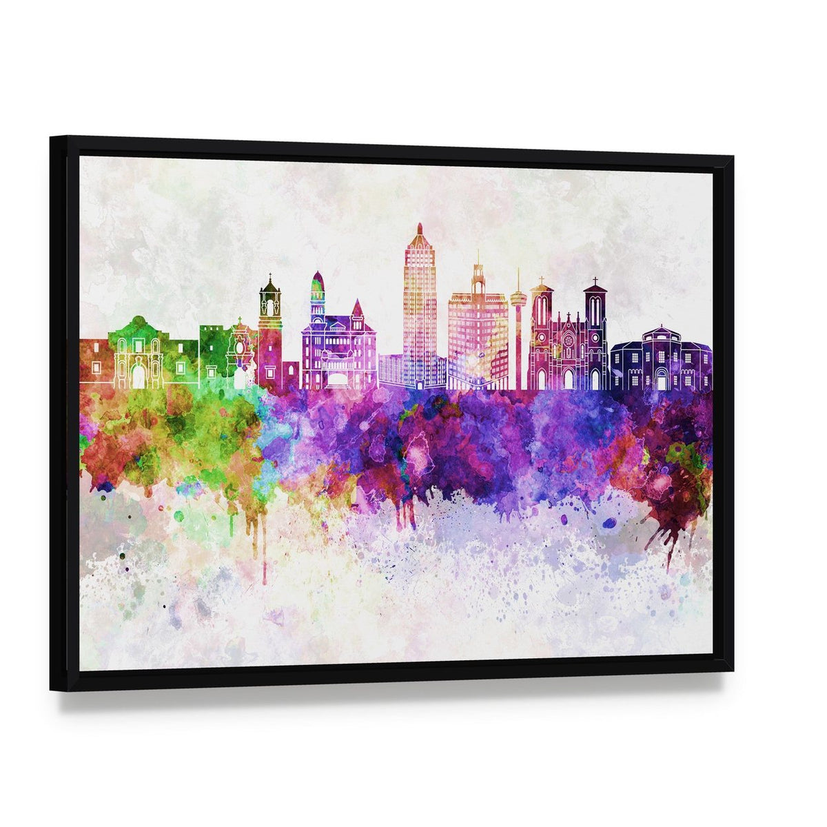 San Antonio Skyline Watercolor Abstract Canvas Wall Art, framed canvas in a black floater frame, angled product view