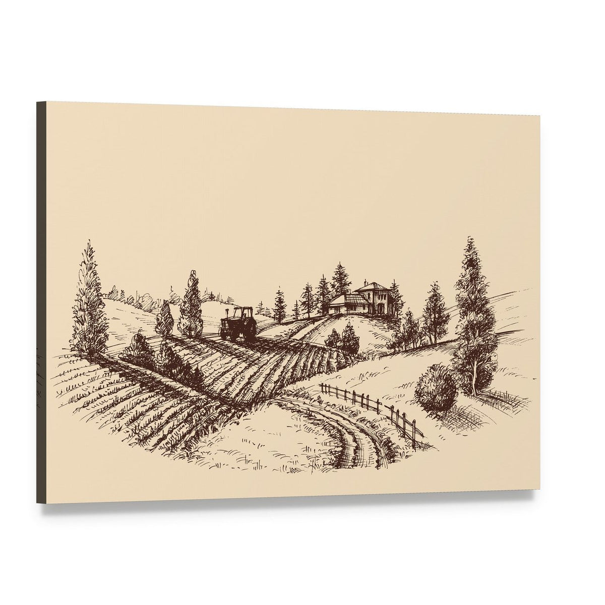 Etched Farm Landscape Canvas Wall Art, single panel gallery wrapped canvas, angled product view