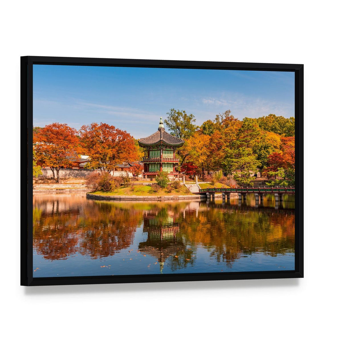 Gyeongbokgung Palace in Autumn Canvas Wall Art, framed canvas in a black floater frame, angled product view