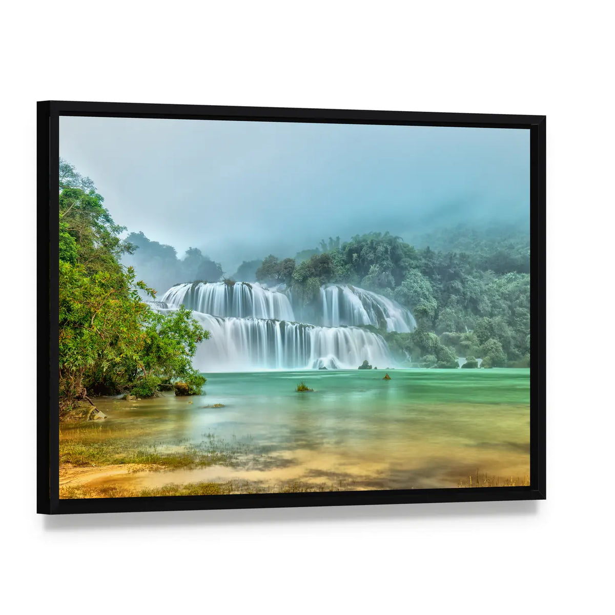 Ban Gioc Waterfall In Vietnam Canvas Wall Art, framed canvas in a black floater frame, angled product view