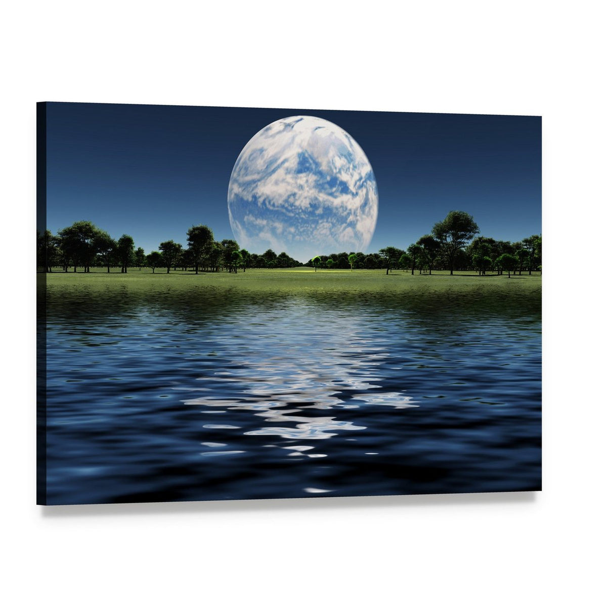 Blue Planet with Water Reflection Canvas Wall Art, single panel gallery wrapped canvas, angled product view