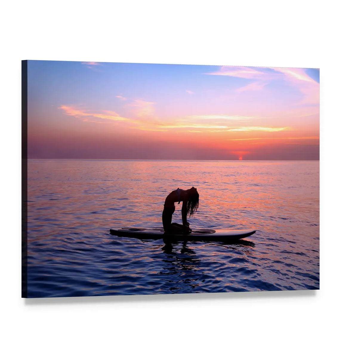 Sunset Paddleboard Yoga Backbend Canvas Wall Art, single panel gallery wrapped canvas, angled product view