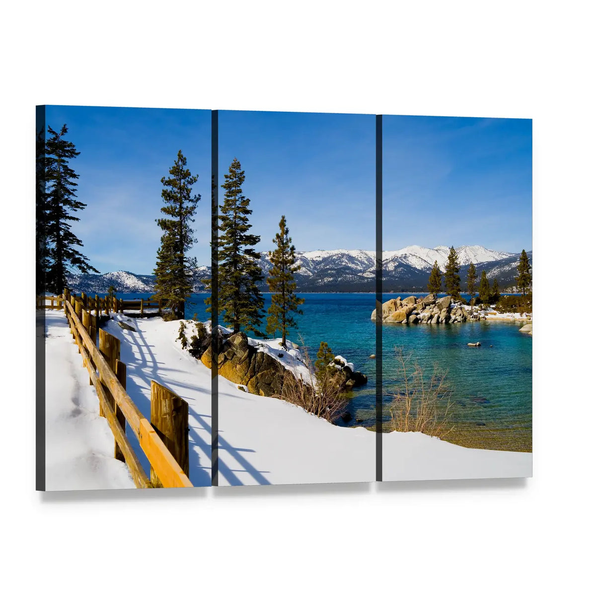 Lake Tahoe Winter Landscape Canvas Wall Art, 3 panel 3 Horizontal layout gallery wrapped canvas set, angled product view