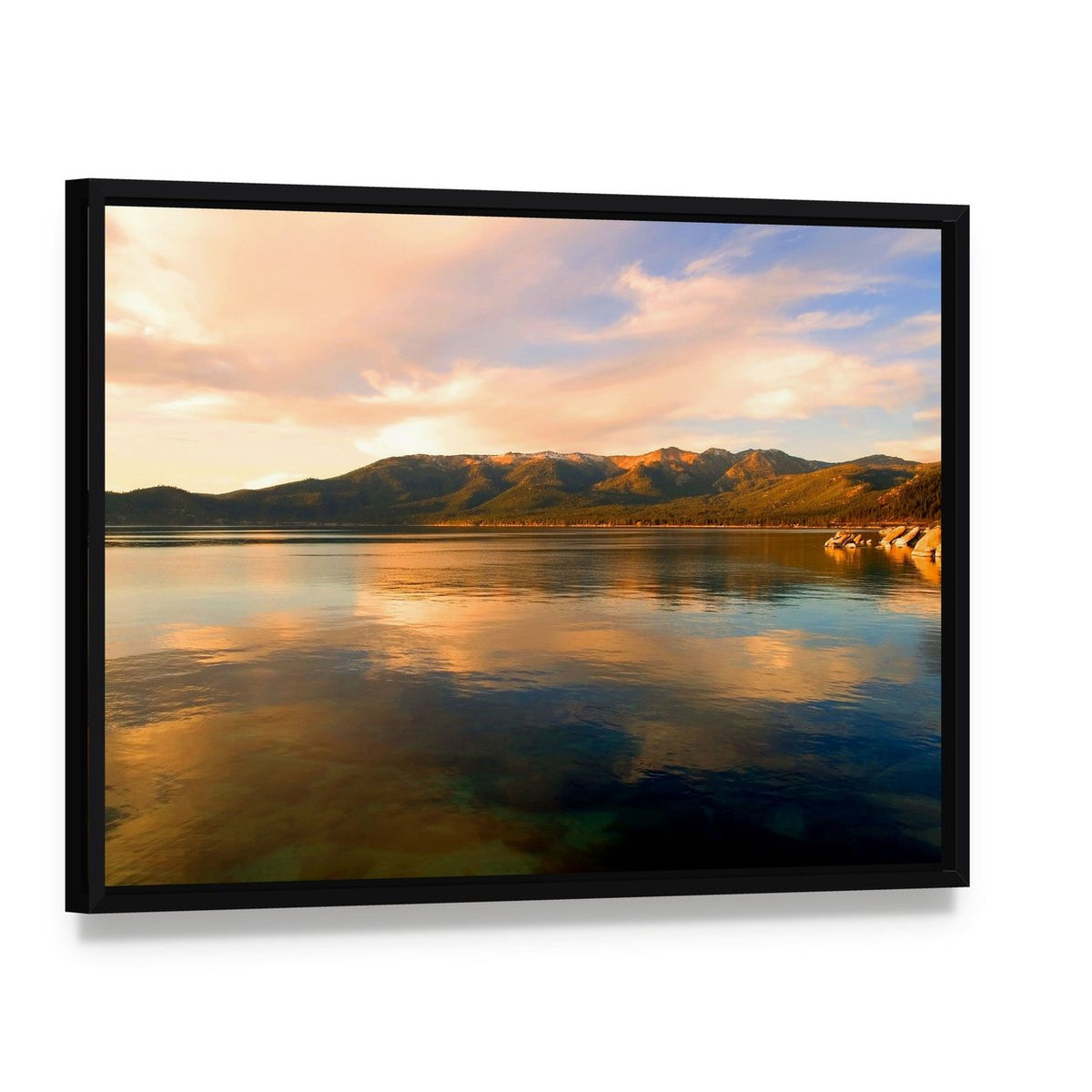 Lake Tahoe at Evening Canvas Wall Art, framed canvas in a black floater frame, angled product view