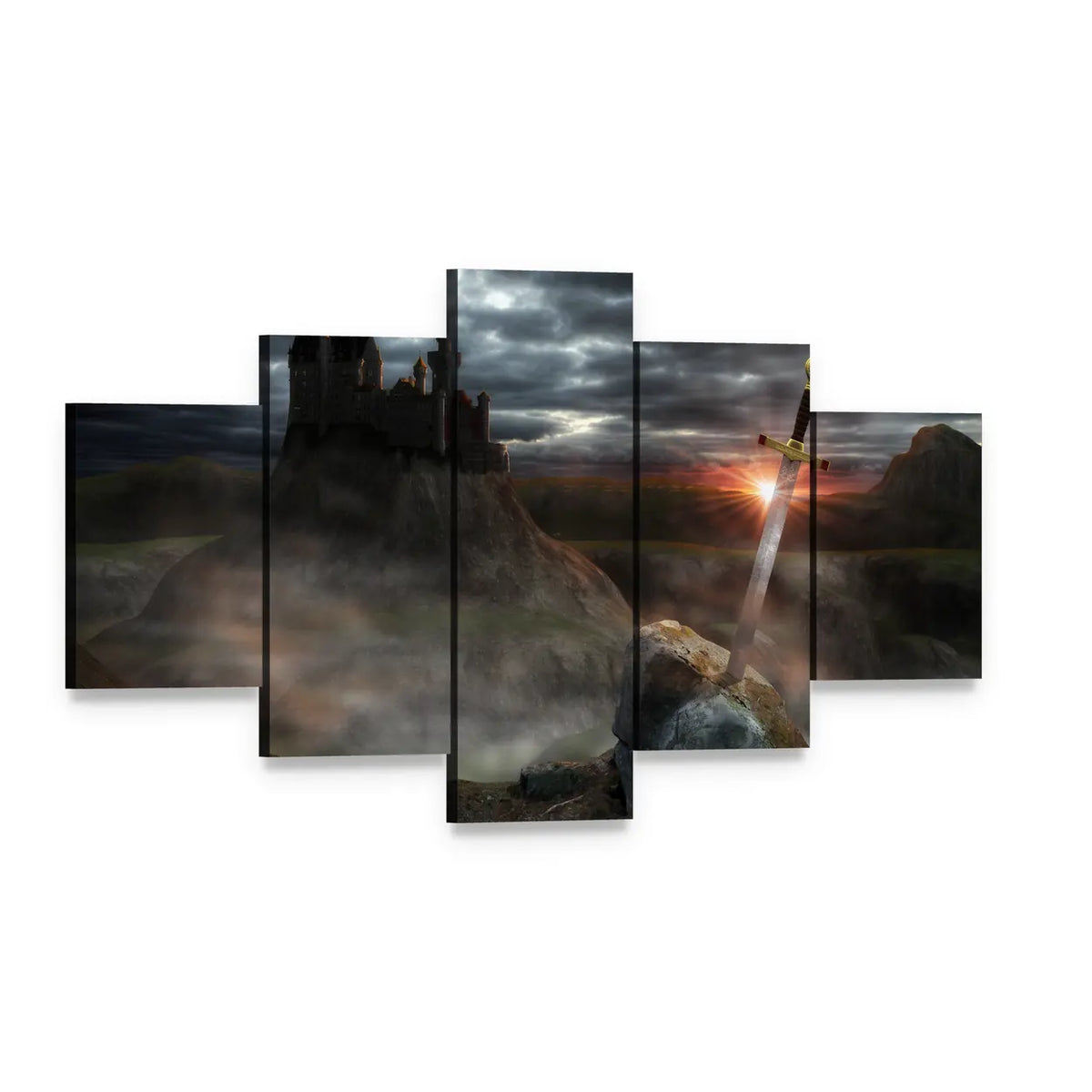 Legendary Castle with Sword at Sunset Canvas Wall Art, 5 panel 5 Star layout gallery wrapped canvas set, angled product view