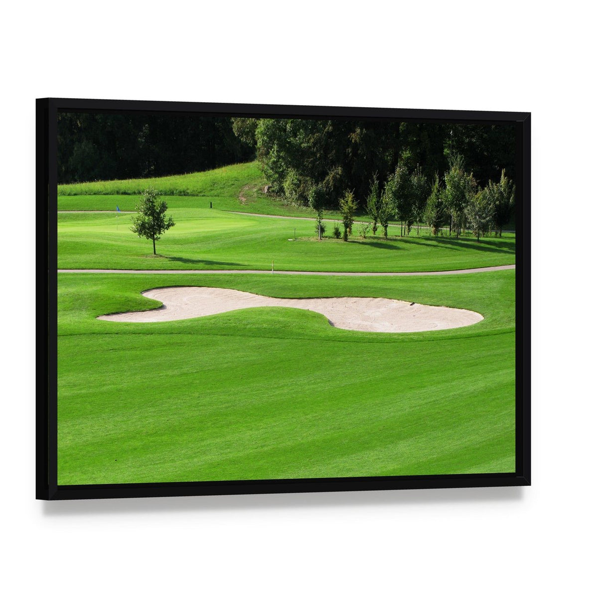 Golf Course Trees Canvas Wall Art, framed canvas in a black floater frame, angled product view