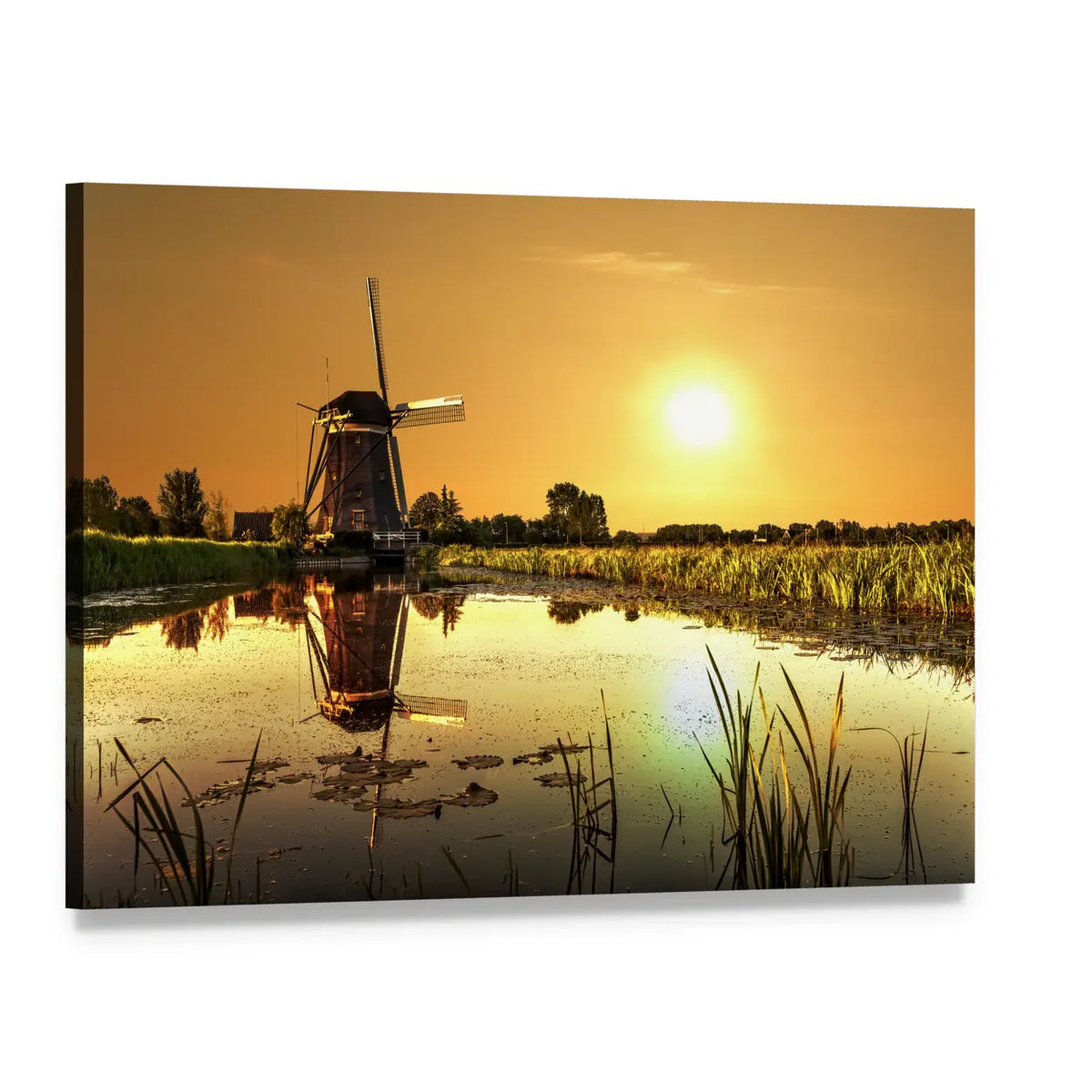 Kinderdijk Windmill at Golden Sunrise Canvas Wall Art, single panel gallery wrapped canvas, angled product view
