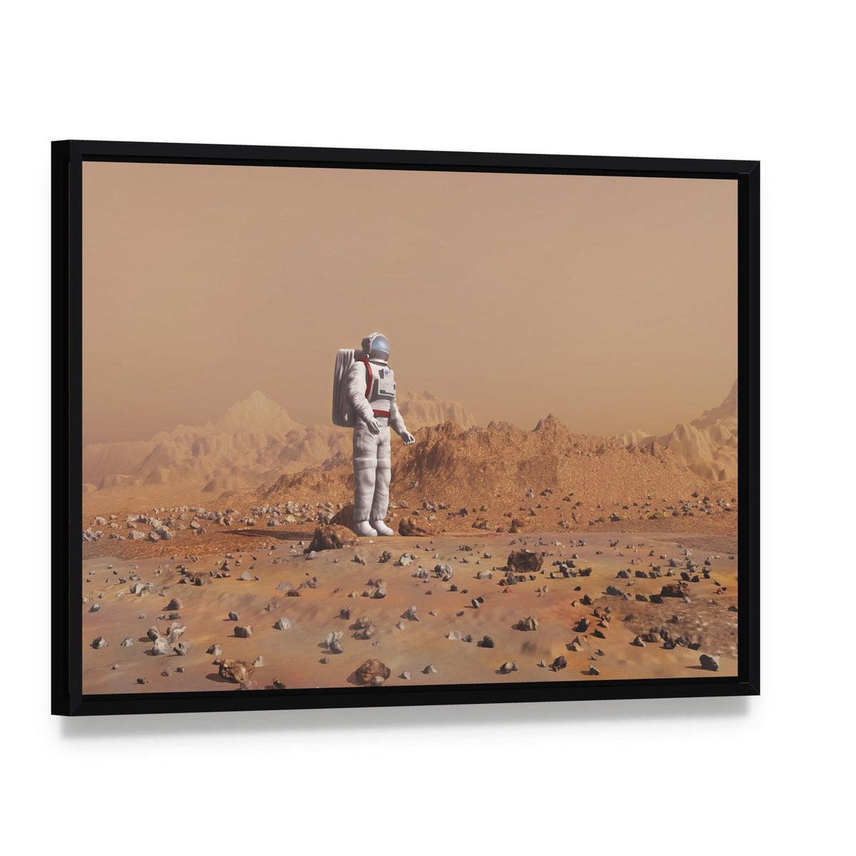 Astronaut Walking on Mars Canvas Wall Art, framed canvas in a black floater frame, angled product view
