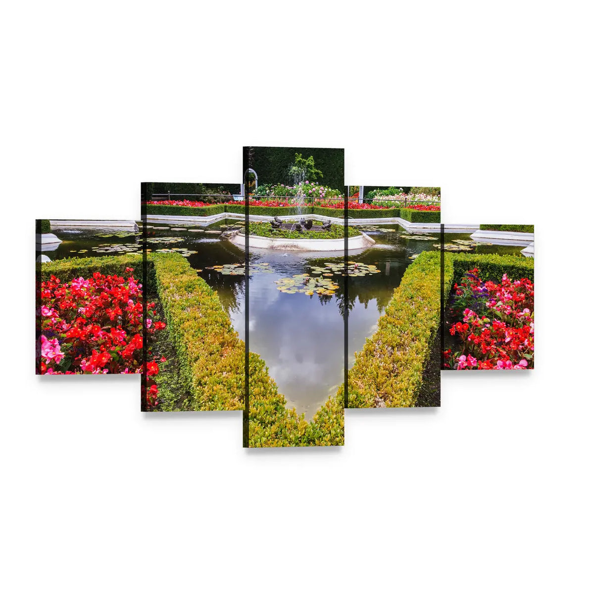 Formal Garden Fountain with Pond Reflection Canvas Wall Art, 5 panel 5 Star layout gallery wrapped canvas set, angled product view