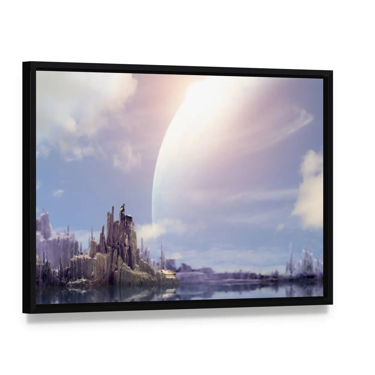 Fantasy Planet Canvas Wall Art, framed canvas in a black floater frame, angled product view