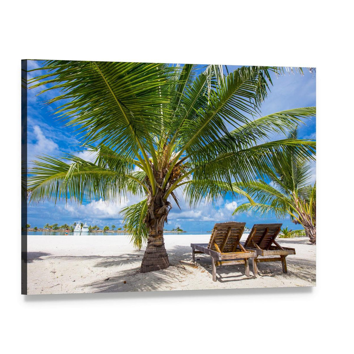 Tropical Island View with Palm Tree Canvas Wall Art, single panel gallery wrapped canvas, angled product view