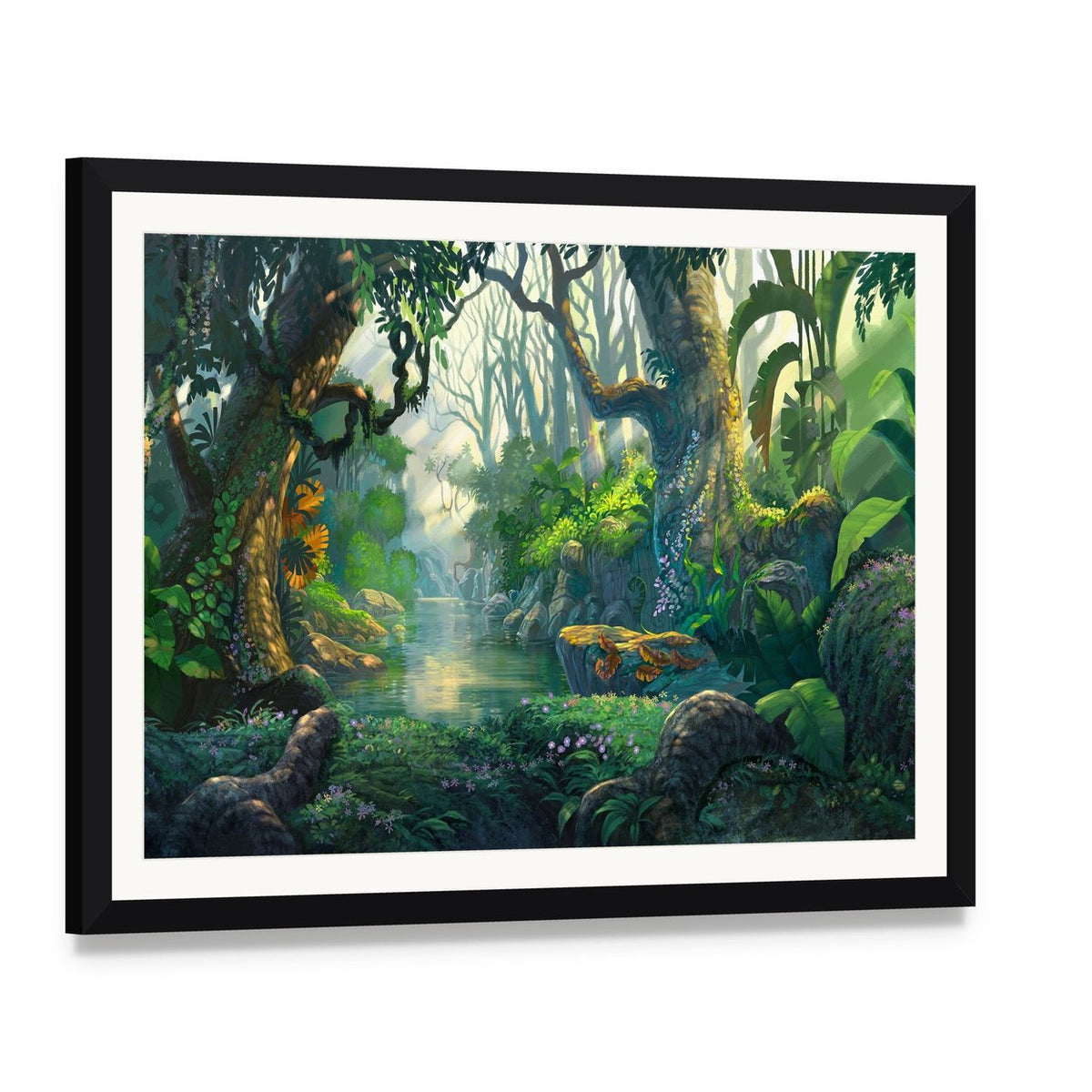 Enchanted Forest with River and Creatures Canvas Wall Art, framed print with white mat and black frame, angled product view