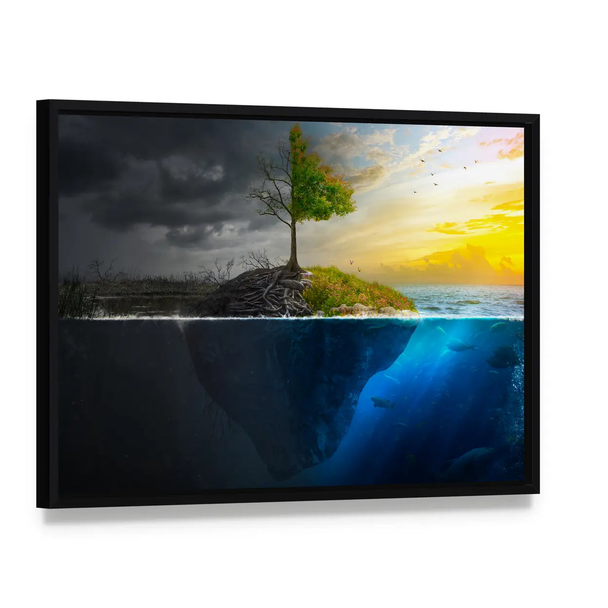 Life and Death on a Floating Island Canvas Wall Art, framed canvas in a black floater frame, angled product view