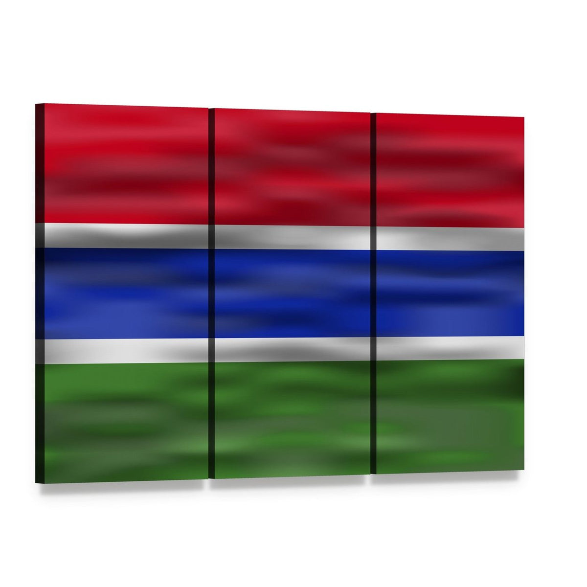 Realistic Flag of the Gambia Canvas Wall Art, 3 panel 3 Horizontal layout gallery wrapped canvas set, angled product view