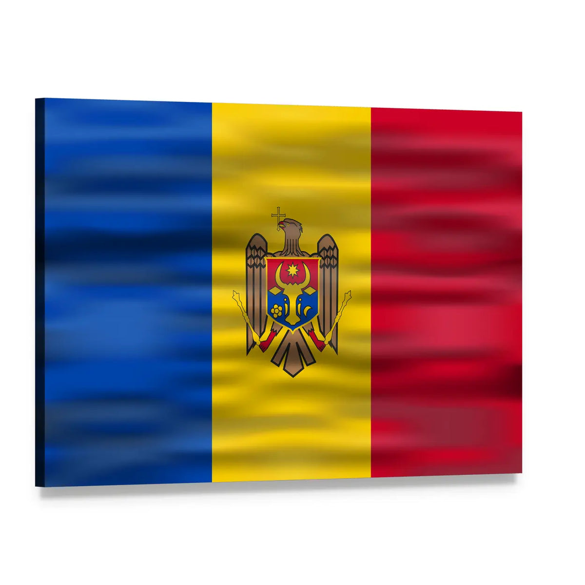Moldovan Flag with Coat of Arms Canvas Wall Art, single panel gallery wrapped canvas, angled product view