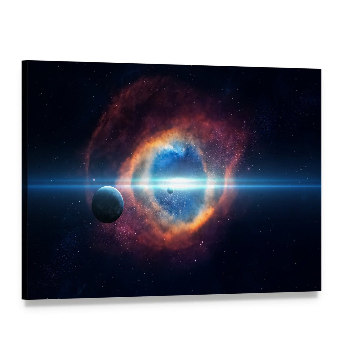 Nebula and Two Planets with Blue Light Beam Canvas Wall Art, single panel gallery wrapped canvas, angled product view