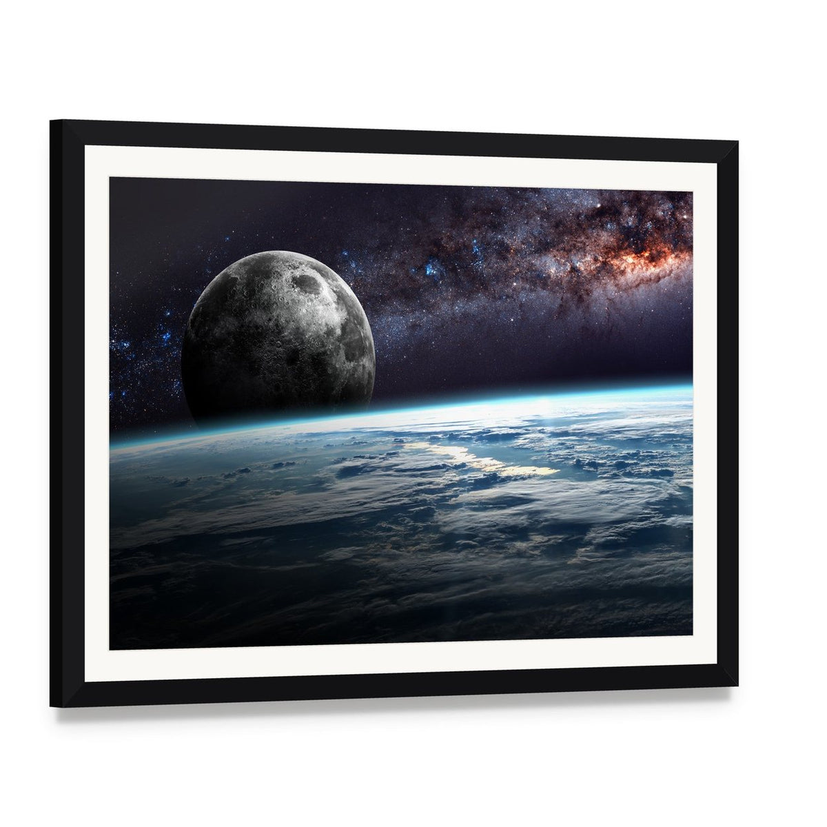 Planet Earth and Moon Illustration Canvas Wall Art, framed print with white mat and black frame, angled product view